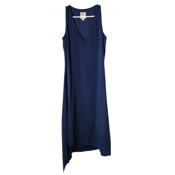 GOSILK Silk Asymmetrical V Neck Dress Navy XS Minimalist Resort Evening - Picture 1 of 10